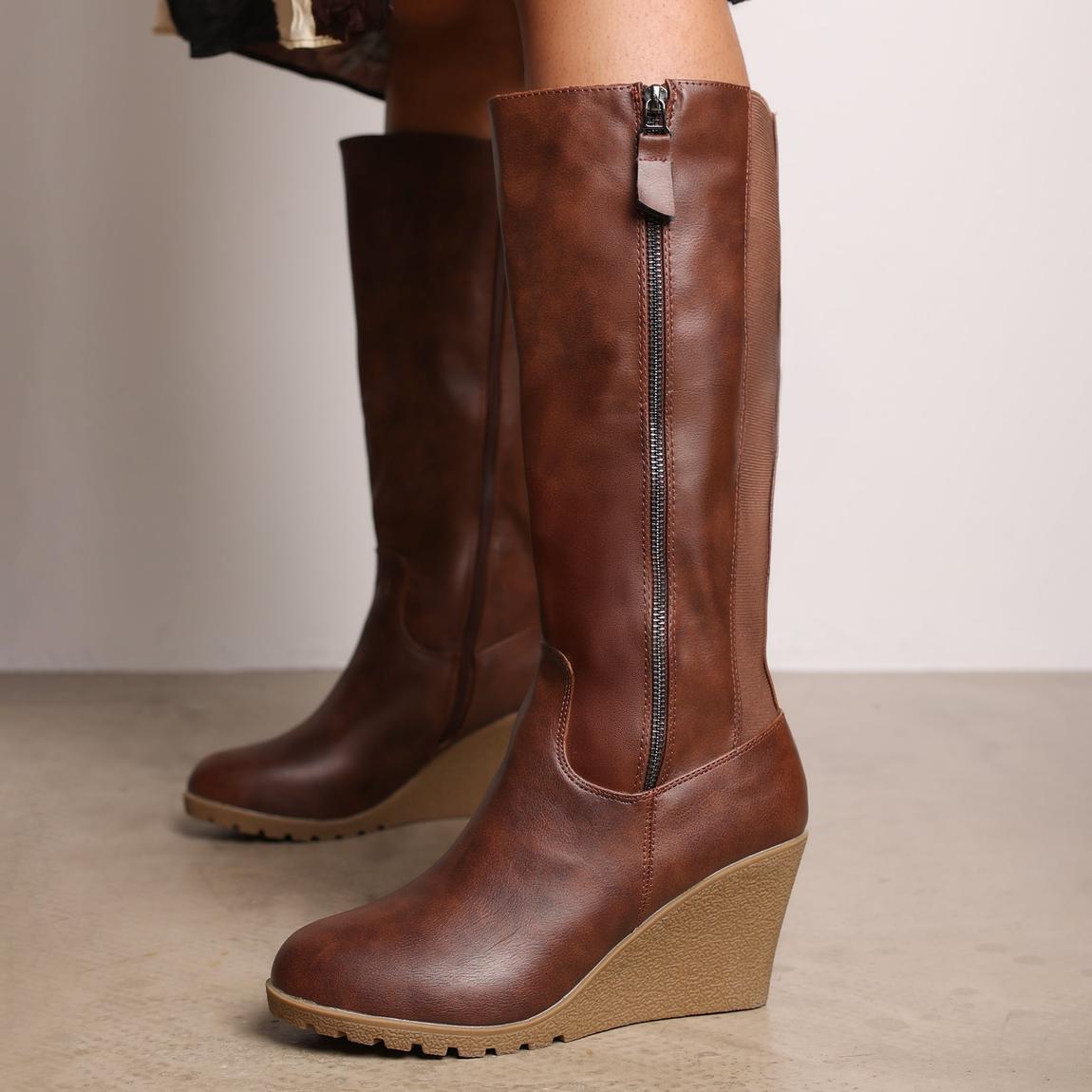 'Lara' Wedge Heel Mid Calf High Boots With Side Zip main product photo