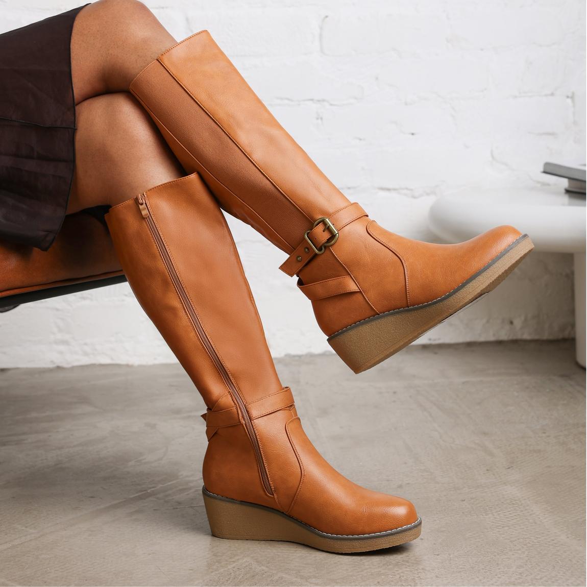 'Ayleen' Wide Calf Wedge Heel Knee High Boots With Elastic Panel main product photo