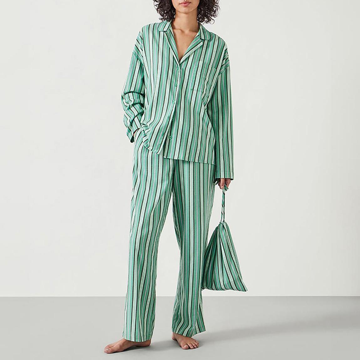 Green Amita Cotton Flannel Multi Stripe Pyjamas main product photo