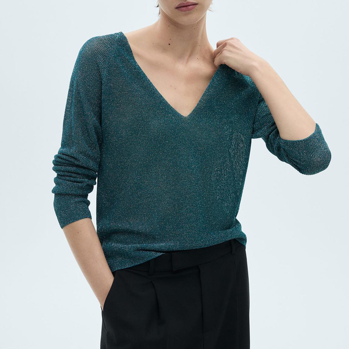 Mango Green V Neck Lurex Jumper BrandAlley