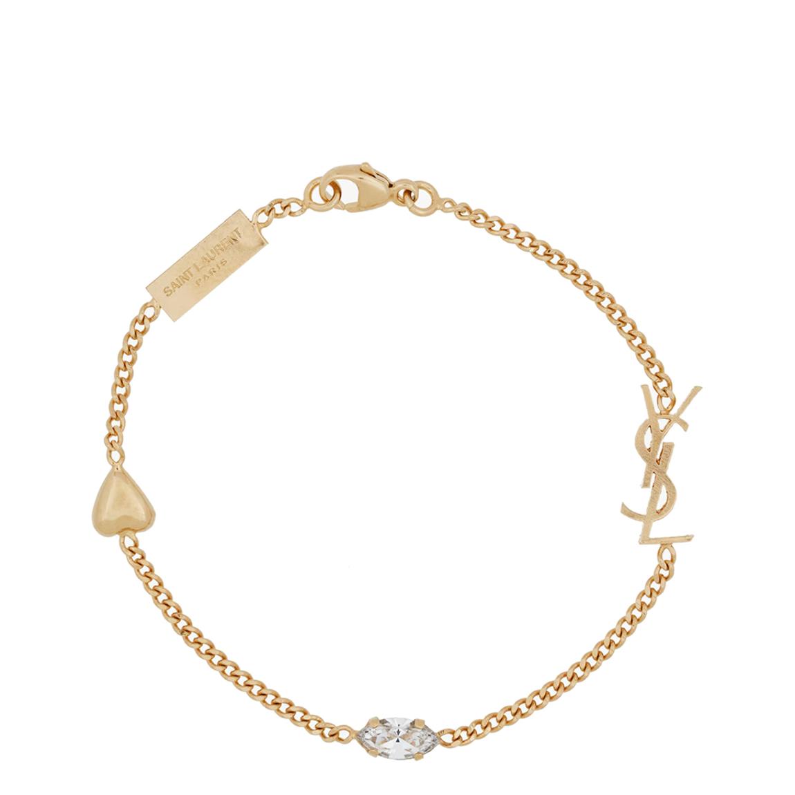 Gold Saint Laurent Cassandre Rhinestone Heart Charm Bracelet main product photo