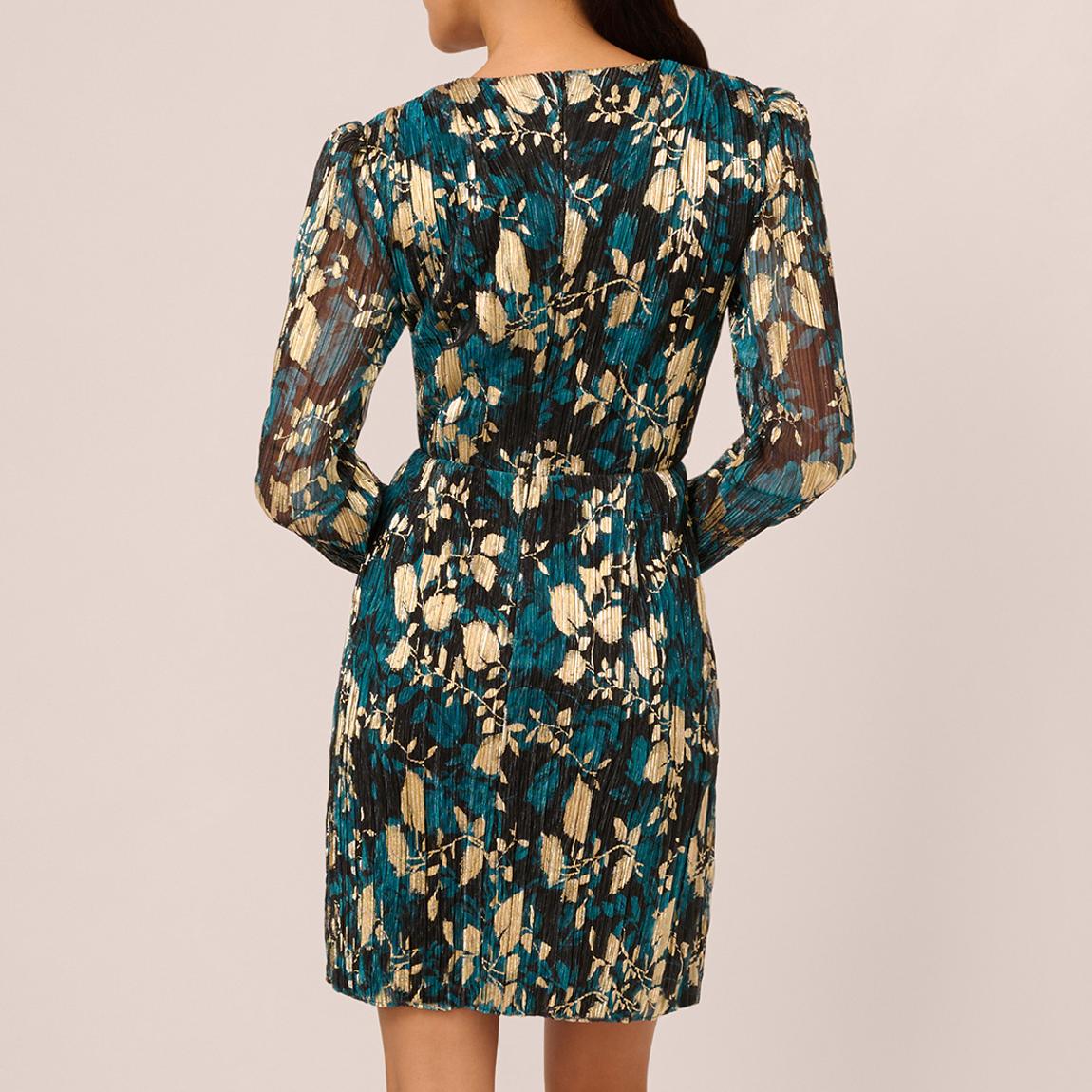 Adrianna Papell Teal/ Gold Crinkle Foil Wrap Dress - BrandAlley