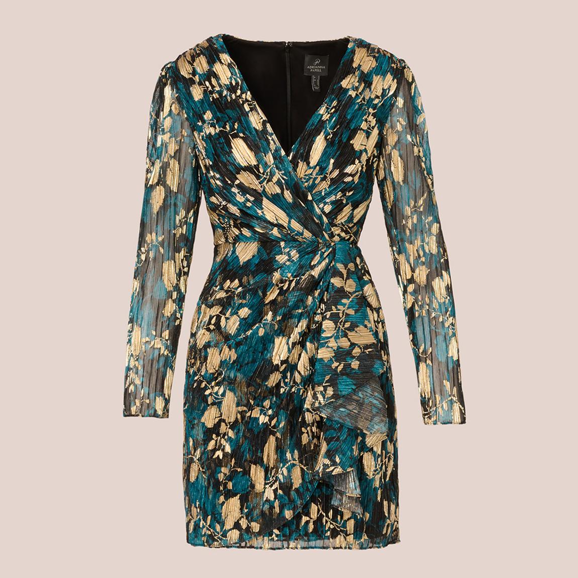 Adrianna Papell Teal/ Gold Crinkle Foil Wrap Dress - BrandAlley