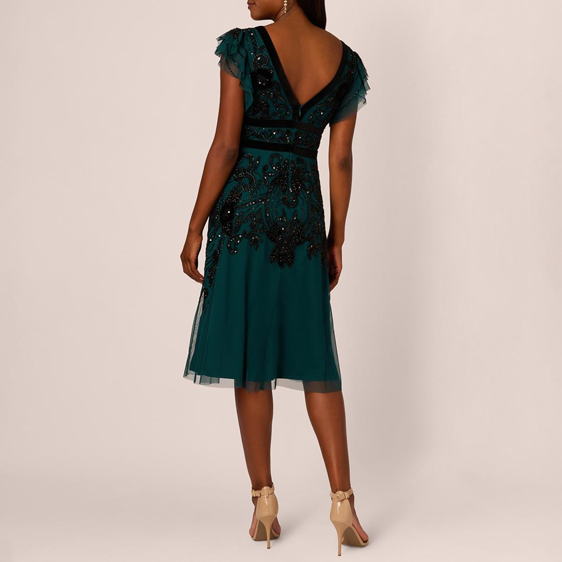 Adrianna Papell Green Beaded Mesh Velvet Midi Dress