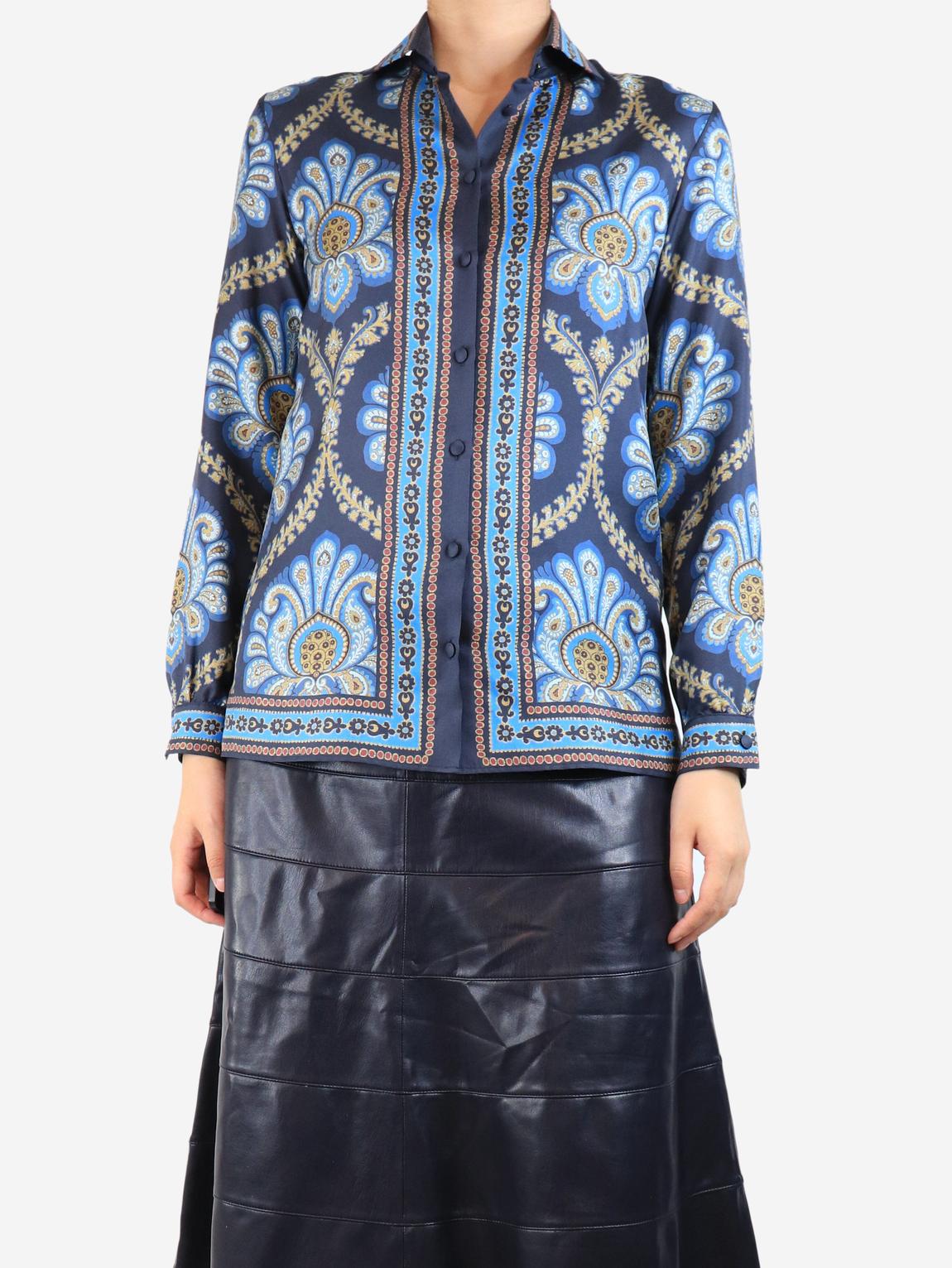 Navy blue silk printed shirt main product photo