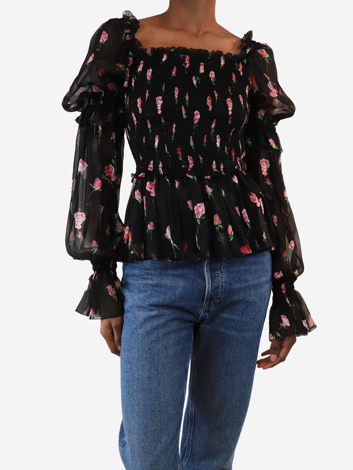 Black and pink shirred floral top main product photo