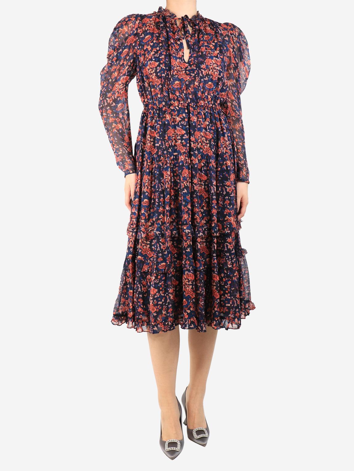 Navy blue floral-print ruffled dress main product photo