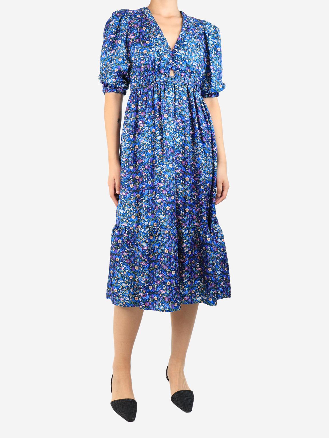 Blue floral printed midi silk dress main product photo