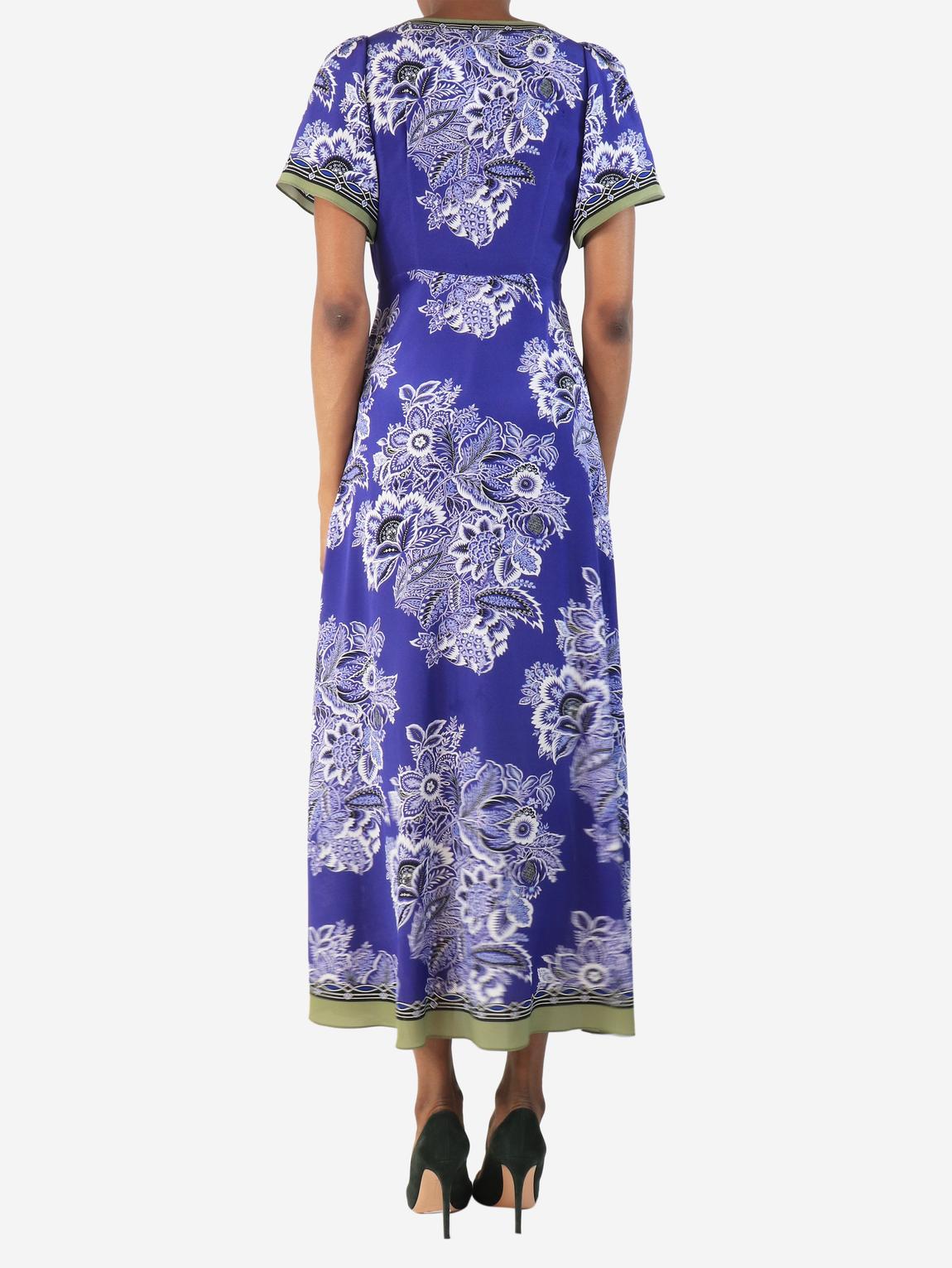 Purple silk floral printed midi dress main product photo