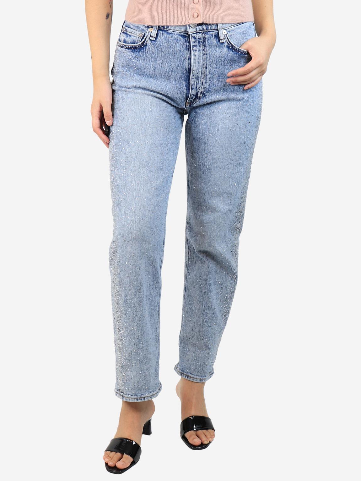 Blue rhinestone embellished jeans main product photo