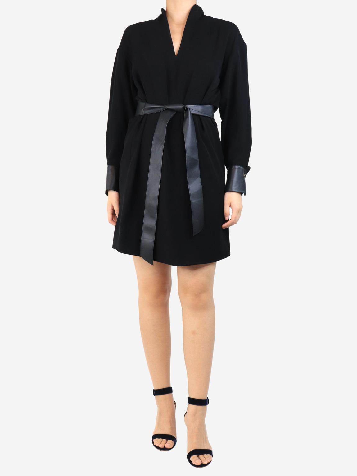 Black printed V-neck belted dress main product photo