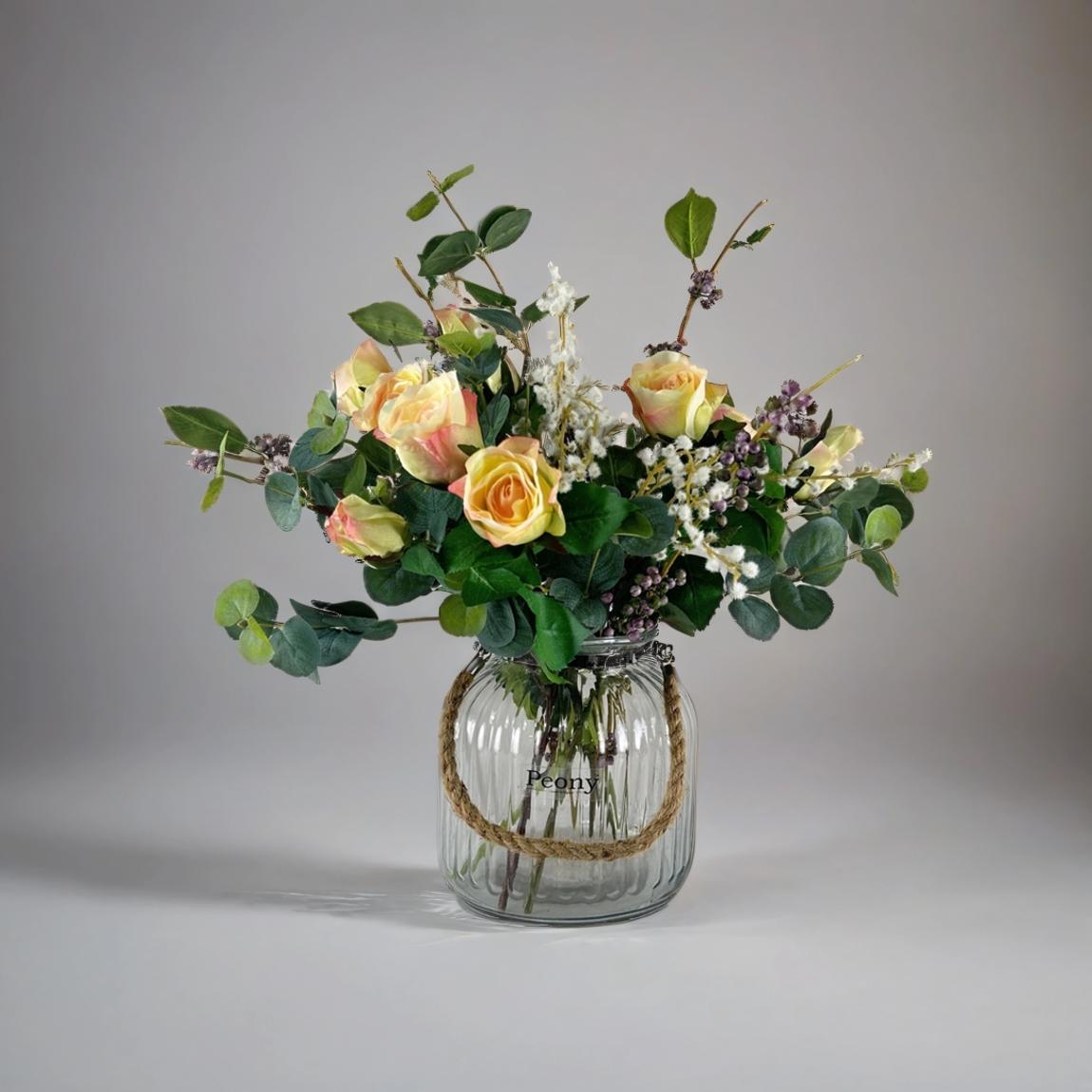 Roses, Berries and Foliage in a Rope Lantern Vase with Gift Bag and Champagne Rose Fragrance stick main product photo
