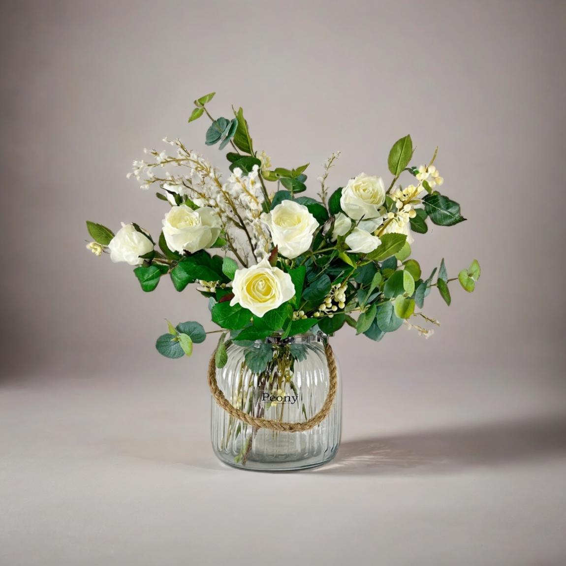 Roses, Berries and Foliage in a Rope Lantern Vase with Gift Bag and Champagne Rose Fragrance stick main product photo