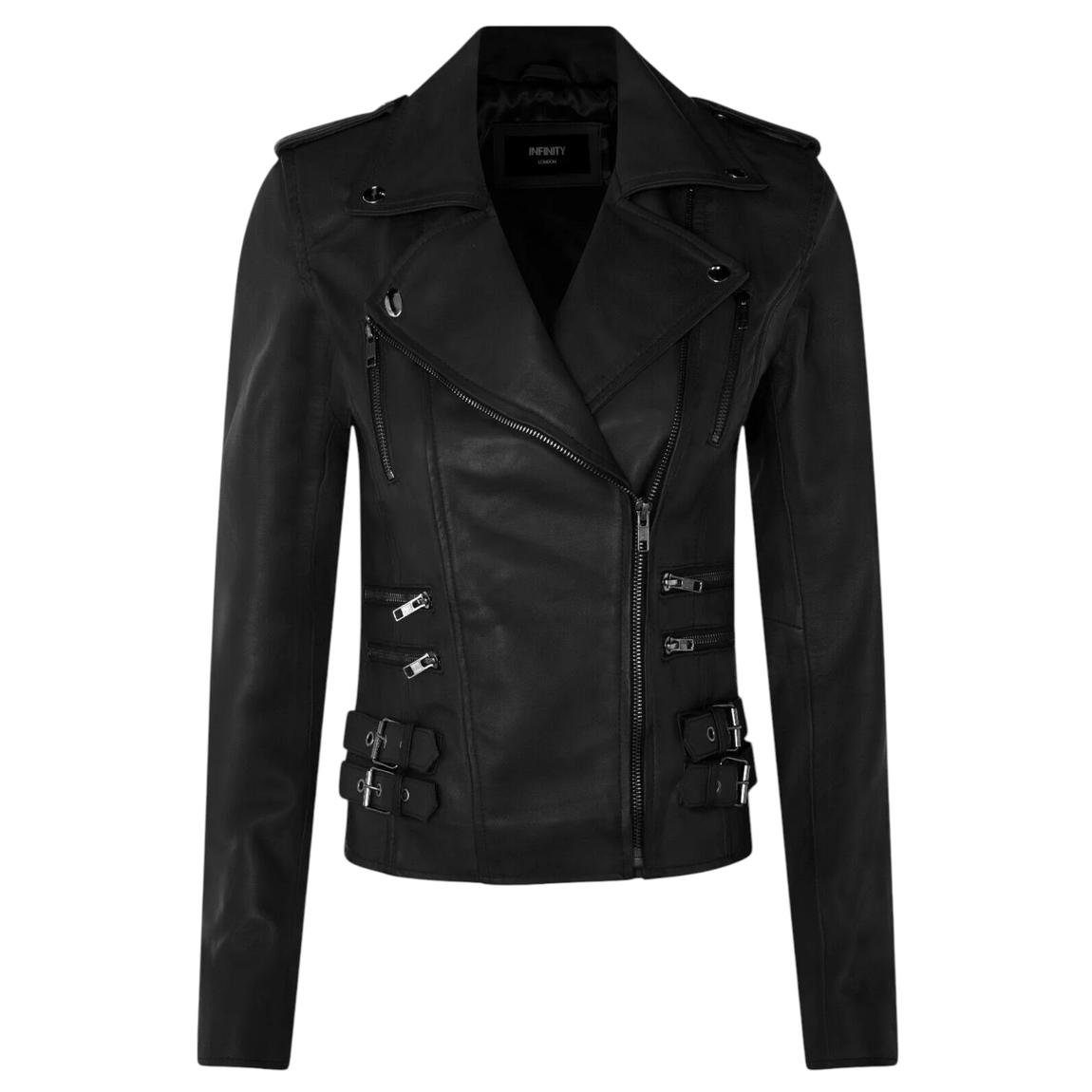 Womens Matt Black Leather Brando Biker Jacket-Loddon main product photo