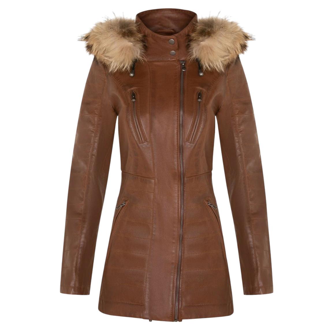 Womens Tan Brown Slim Fit Leather Hooded Parka Jacket-Northam main product photo