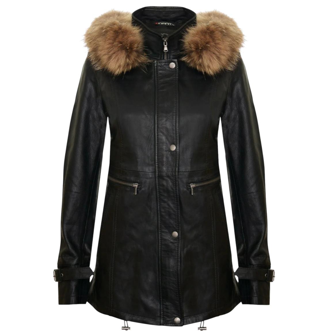 Womens Black Warm Leather Hooded Parka Jacket-Northwich main product photo