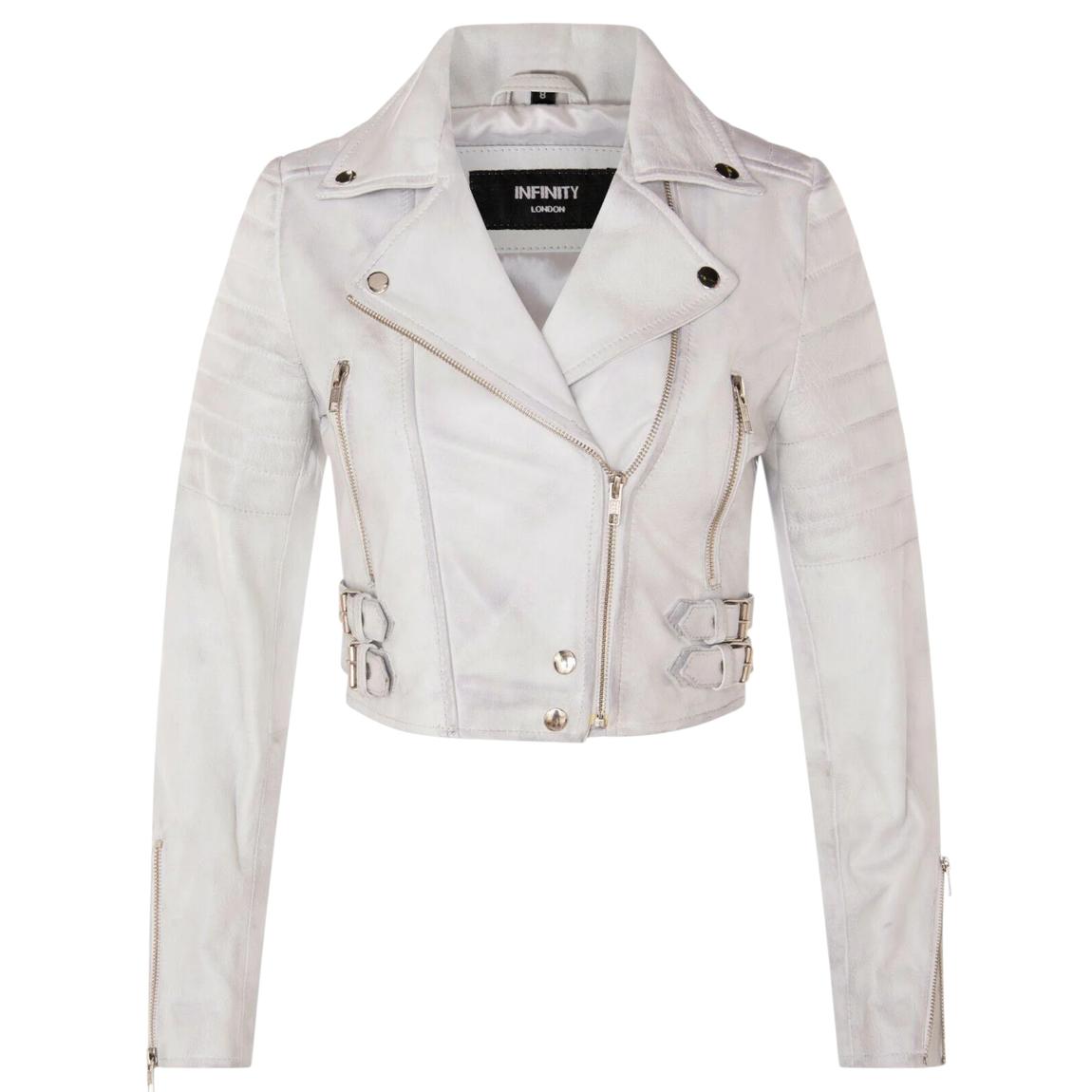 Womens White Brando Cropped Leather Jacket-Longtown main product photo