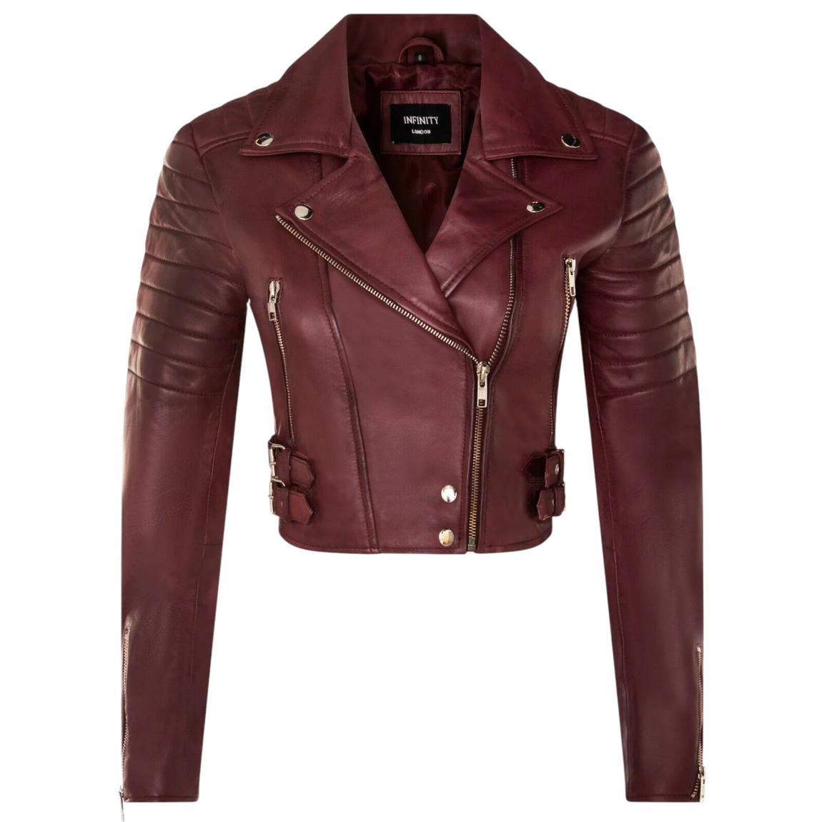 Womens Burgundy Brando Cropped Leather Jacket-Longtown main product photo