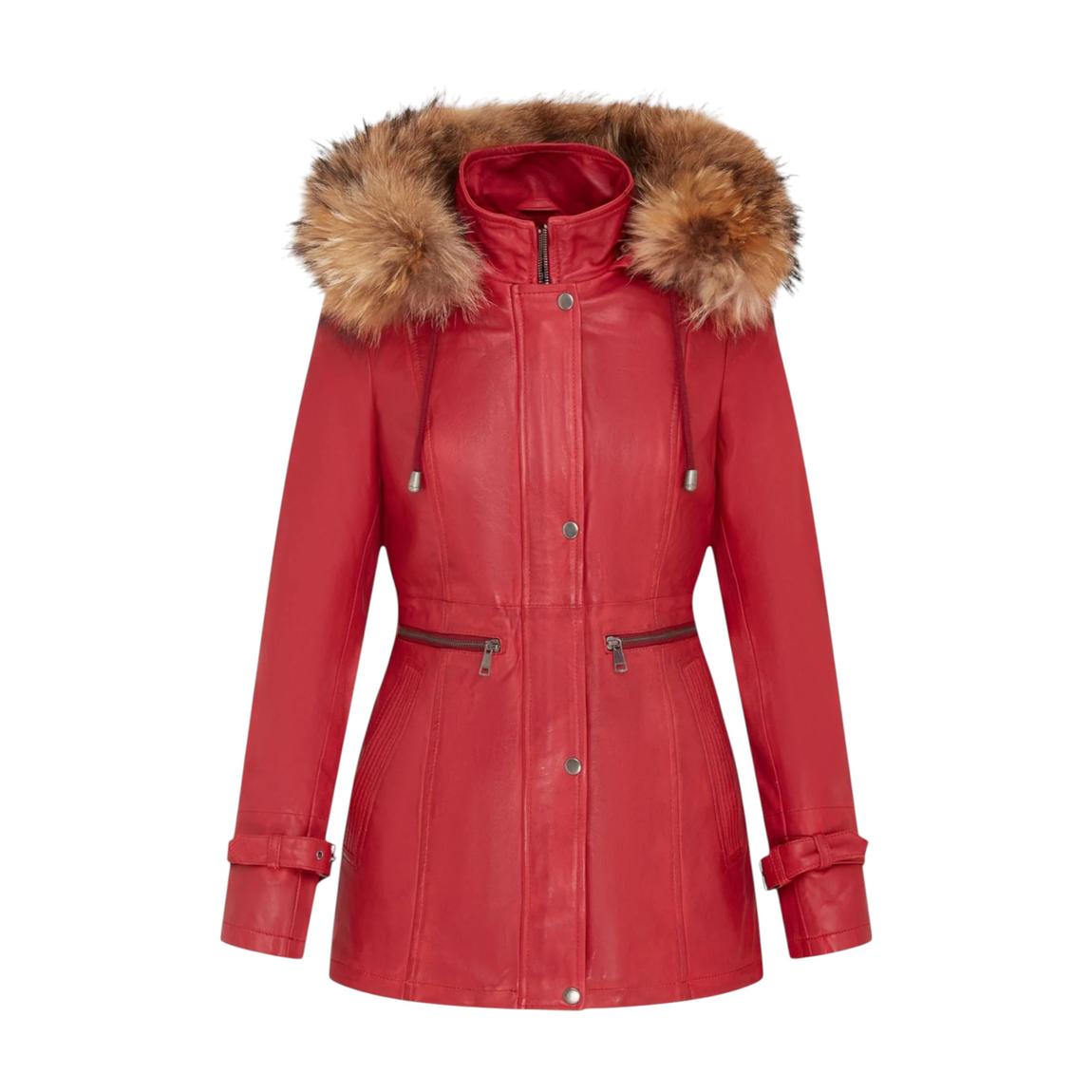 Womens Red Warm Leather Hooded Parka Jacket-Northwich main product photo