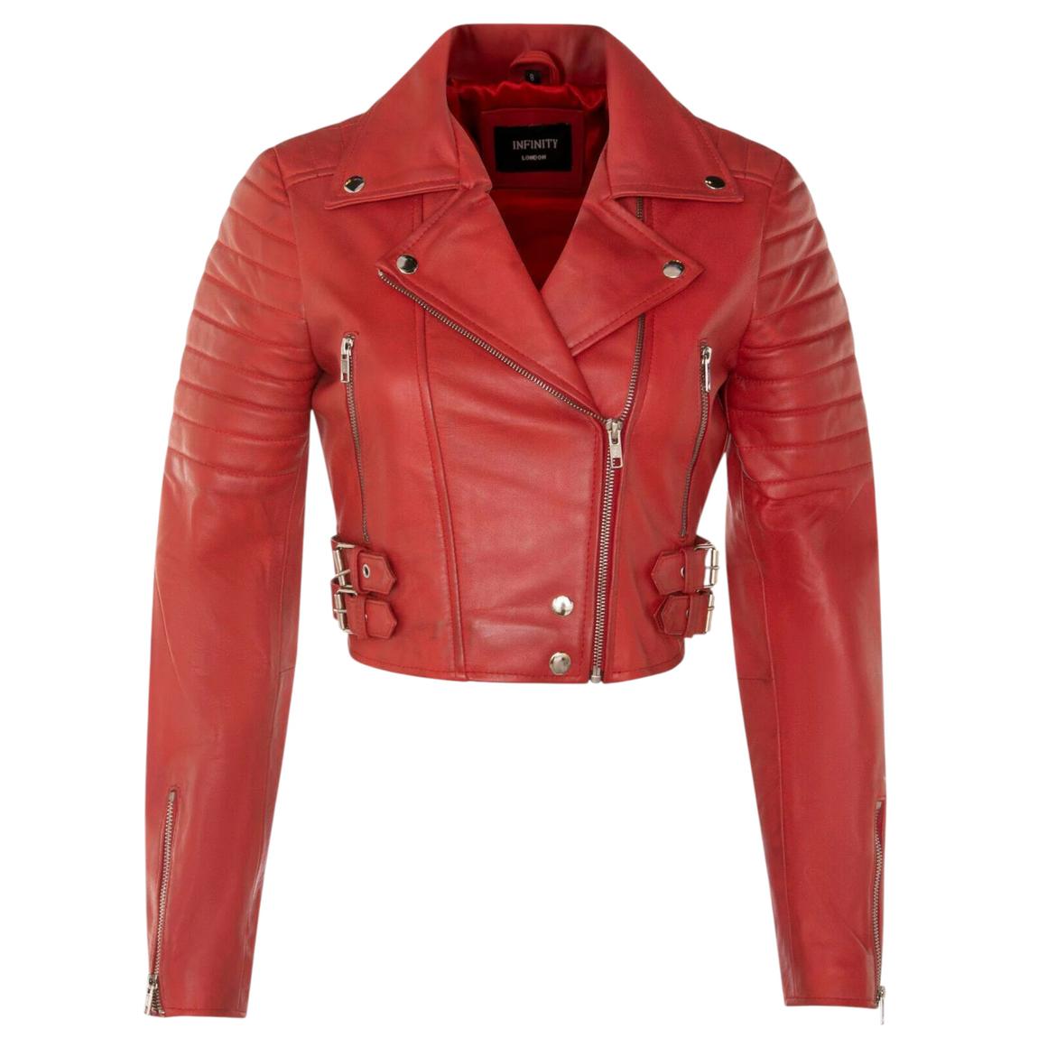 Womens Red Brando Cropped Leather Jacket-Longtown main product photo