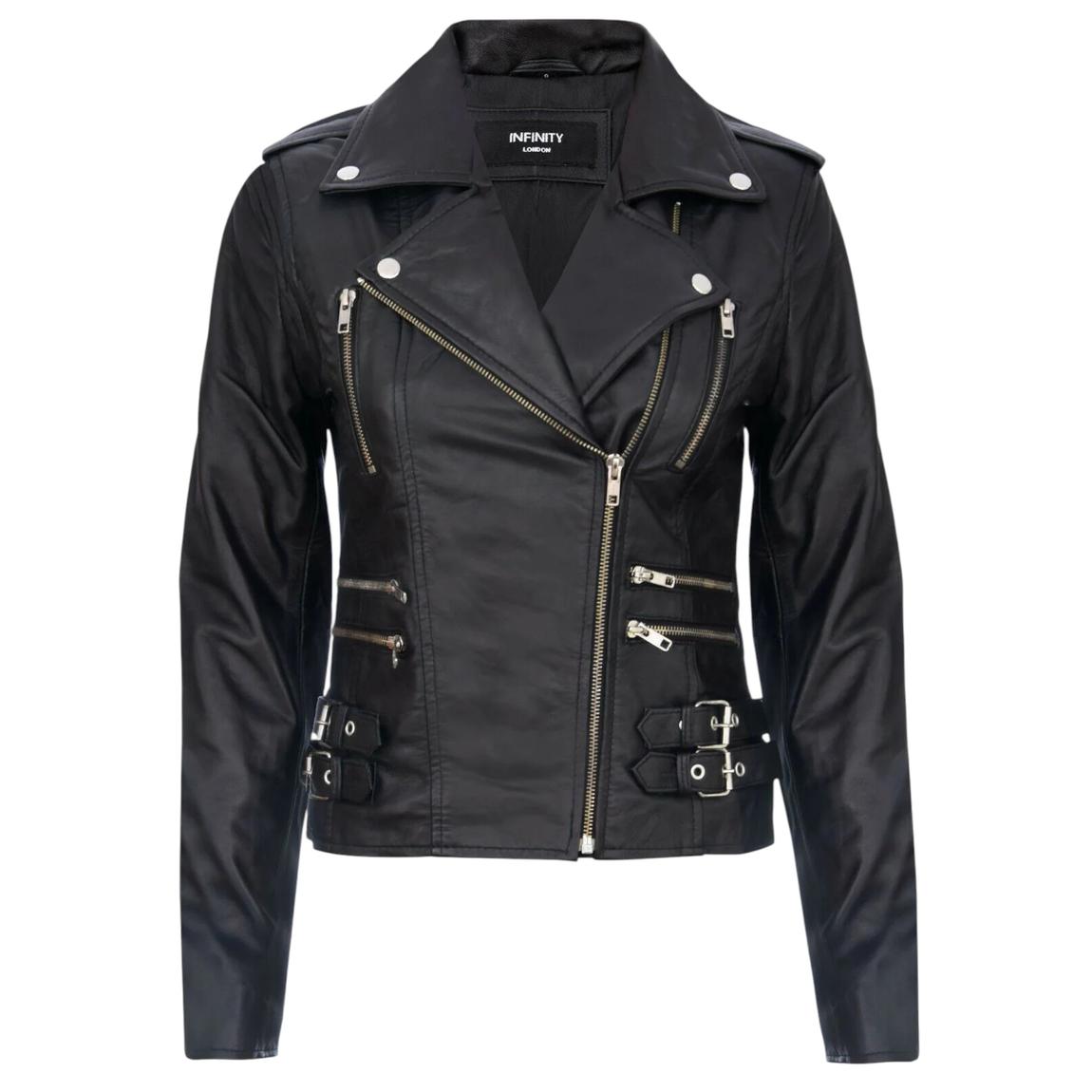 Womens Black Leather Brando Biker Jacket-Loddon main product photo