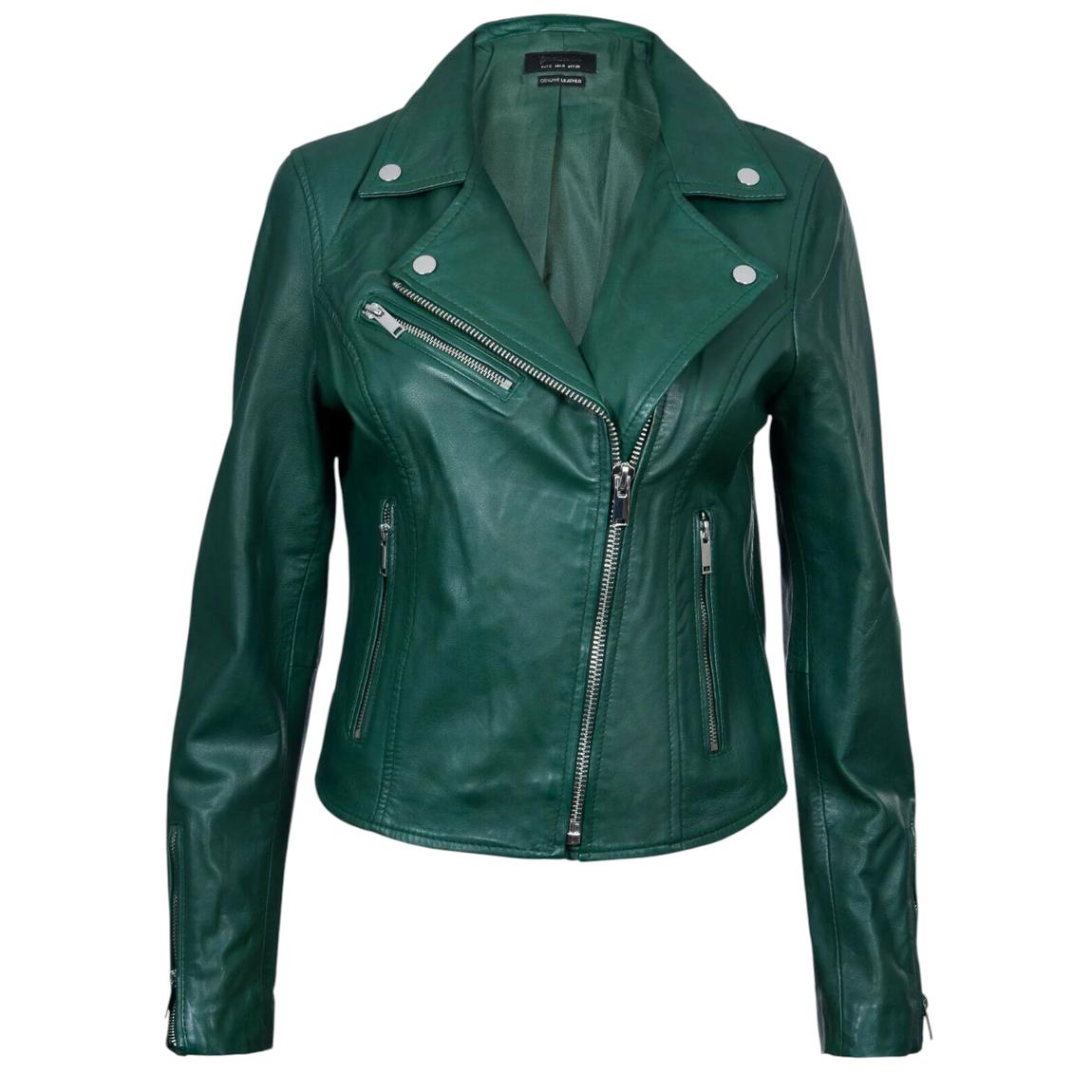 Womens Green Classic Leather Brando Biker Jacket-Loughton main product photo