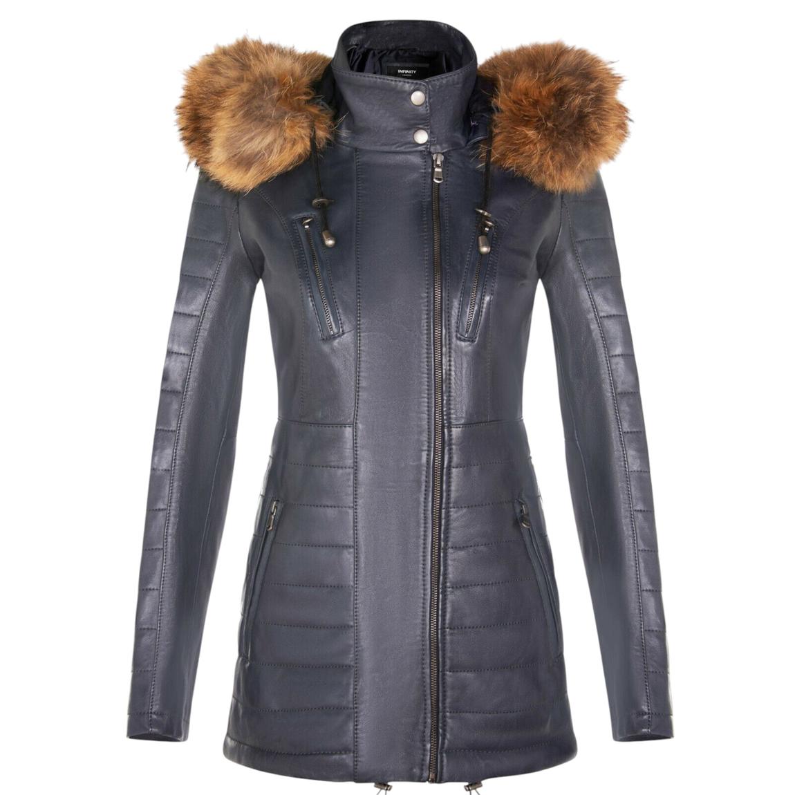 Womens Navy Slim Fit Leather Hooded Parka Jacket-Northam main product photo