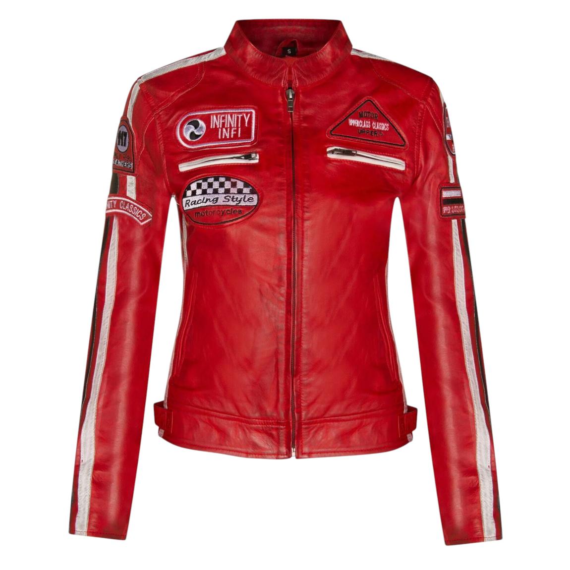 Womens Red Biker Racing Badges Leather Jacket-Eastleigh main product photo