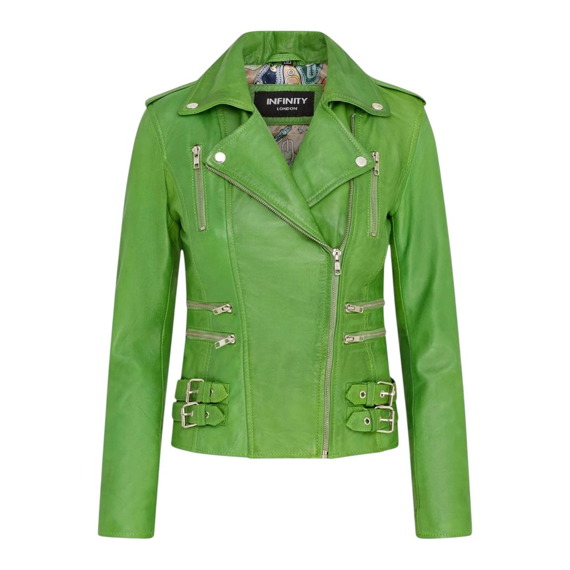 Womens Apple Green Leather Brando Biker Jacket-Orlando main product photo