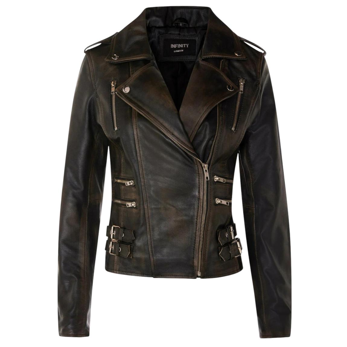 Womens Vintage Black Leather Brando Biker Jacket-Loddon main product photo