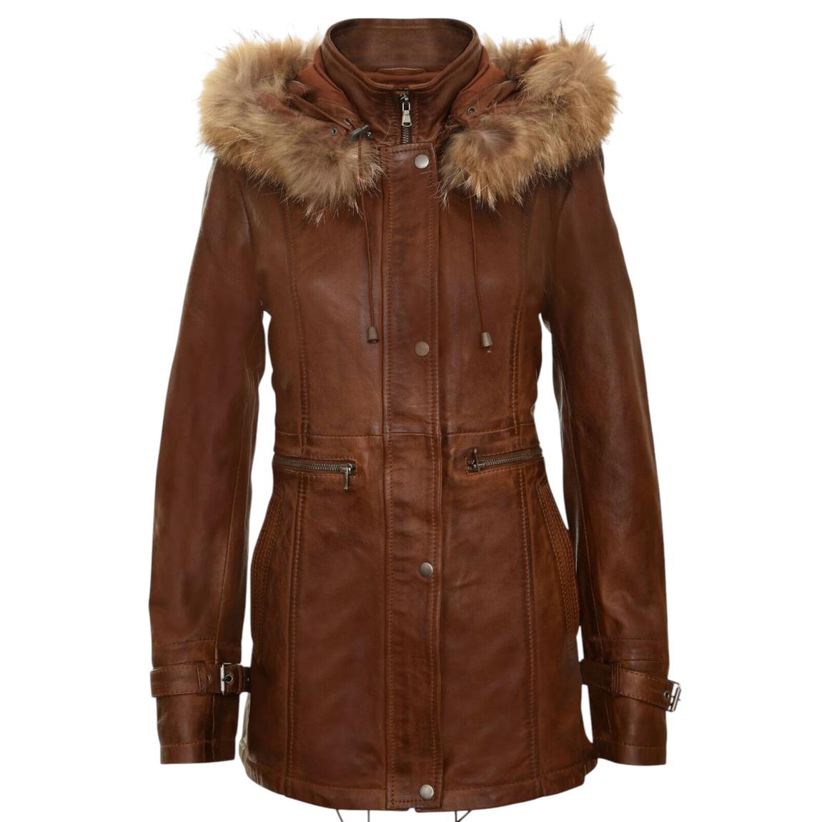 Womens Tan Brown Warm Leather Hooded Parka Jacket-Northwich main product photo