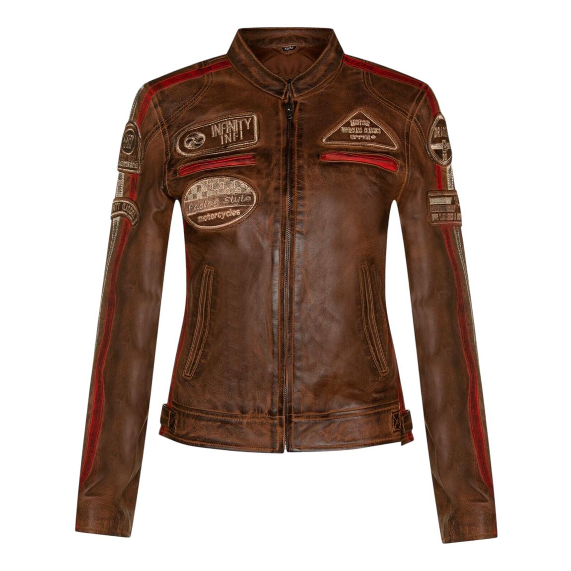 Womens Tan Brown Biker Racing Badges Leather Jacket-Eastleigh main product photo