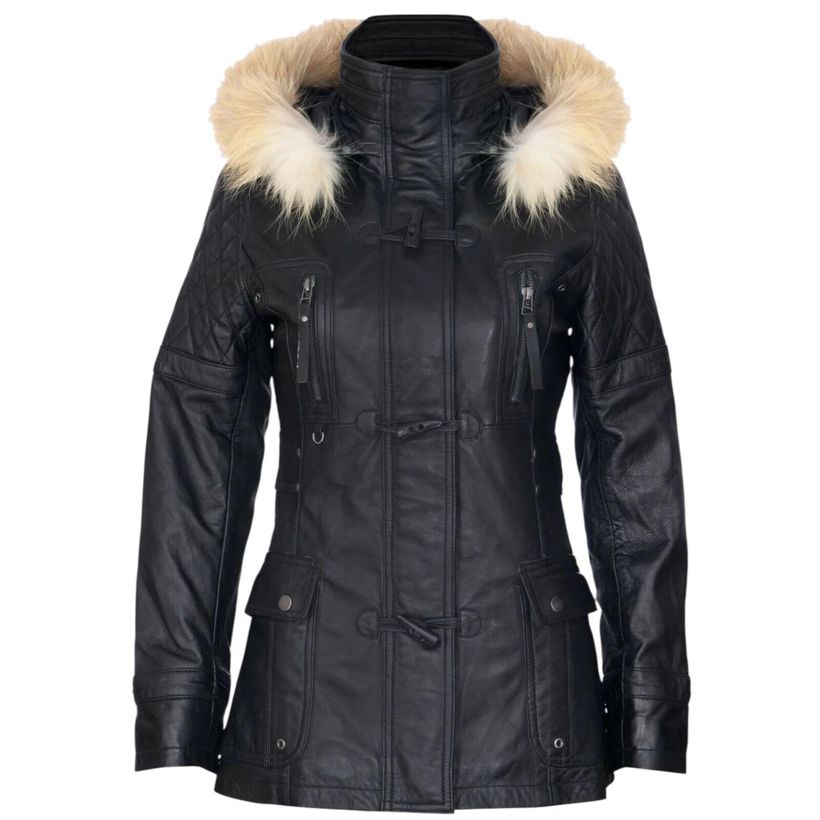 Womens Black Quilted Leather Hooded Parka Jacket-Northampton main product photo