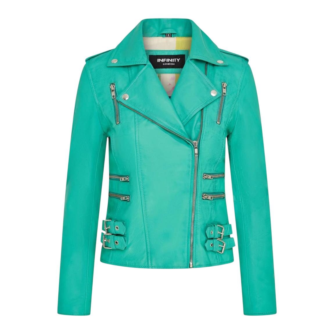 Womens Aqua Leather Brando Biker Jacket-Orlando main product photo