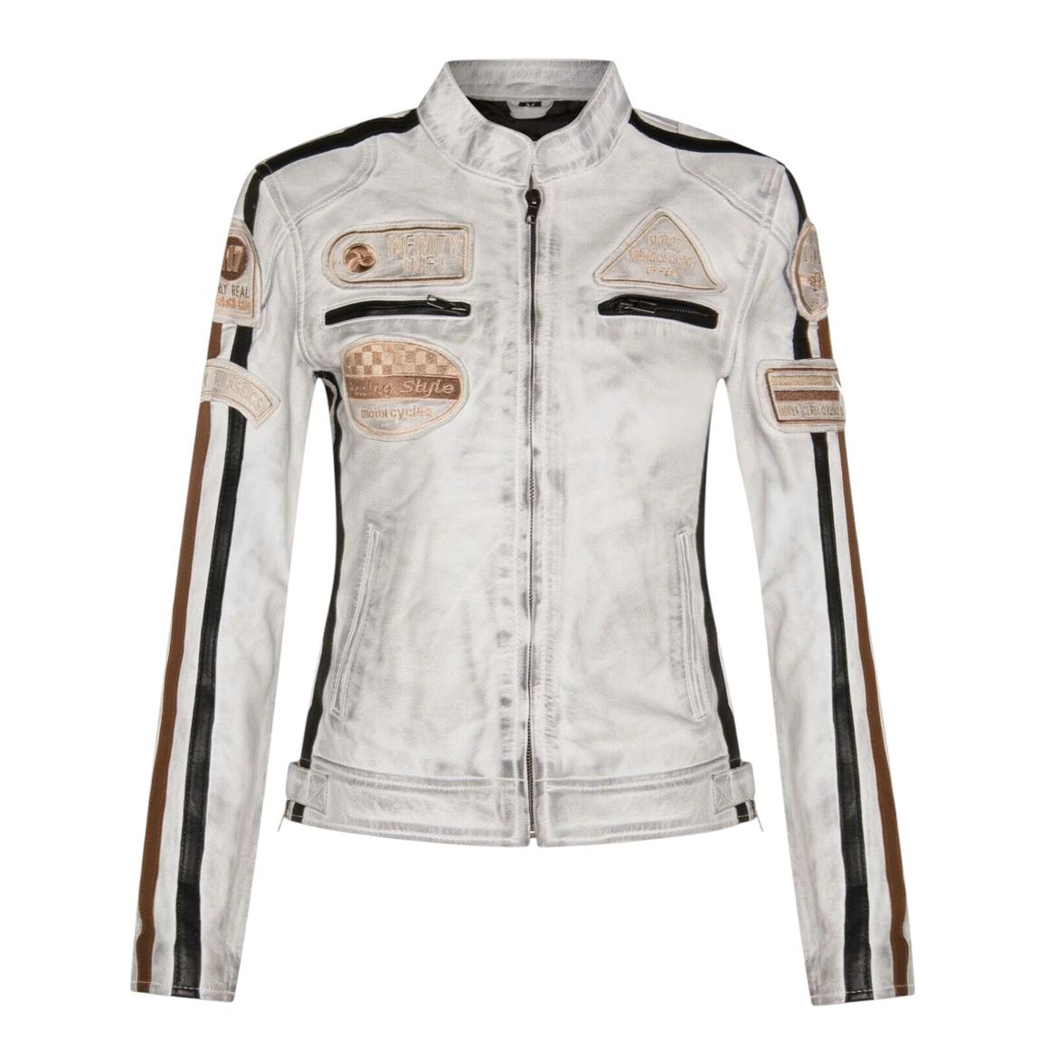 Womens White Biker Racing Badges Leather Jacket-Eastleigh main product photo