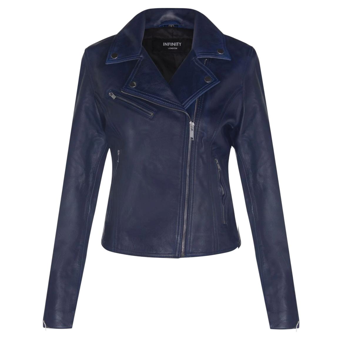 Womens Blue Classic Leather Brando Biker Jacket-Loughton main product photo