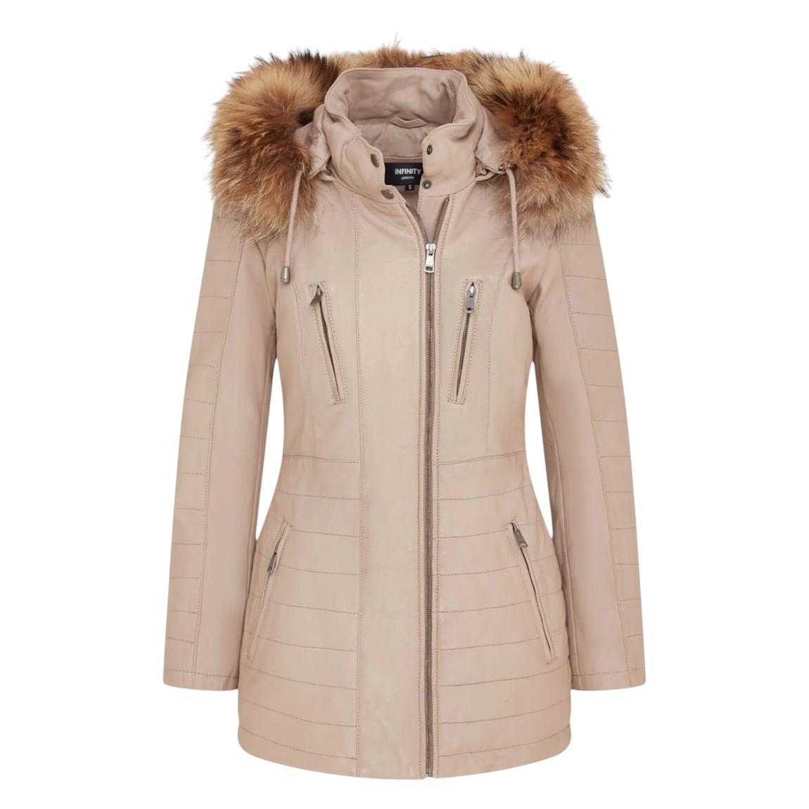 Womens Beige Slim Fit Leather Hooded Parka Jacket-Northam main product photo