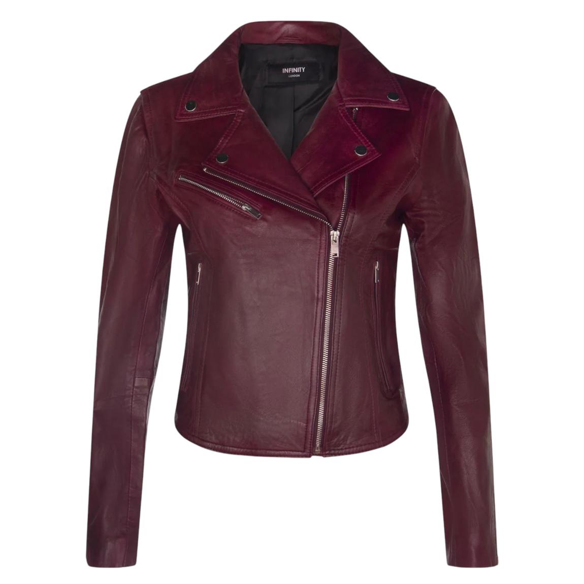 Womens Burgundy Classic Leather Brando Biker Jacket-Loughton main product photo