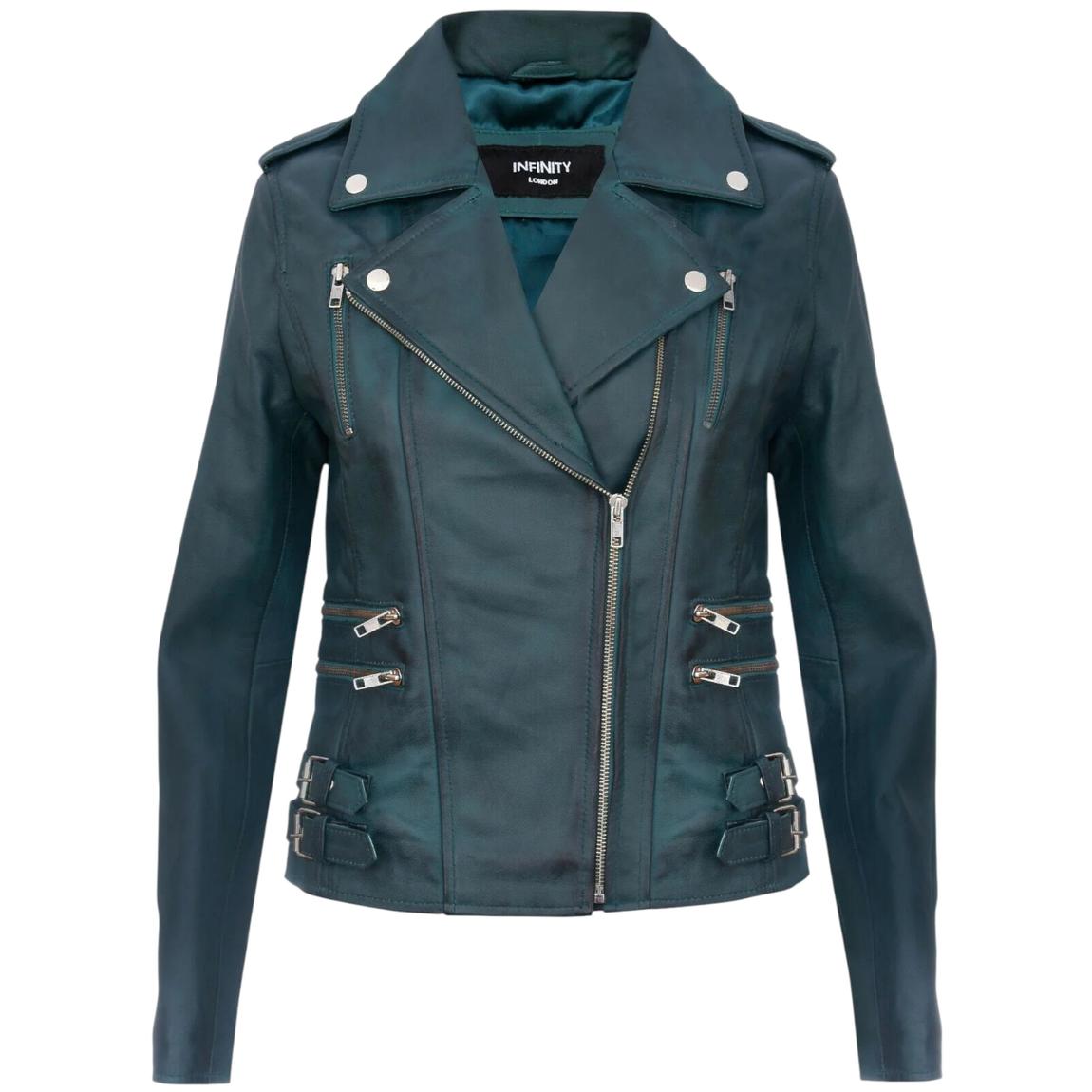 Womens Teal Leather Brando Biker Jacket-Loddon main product photo