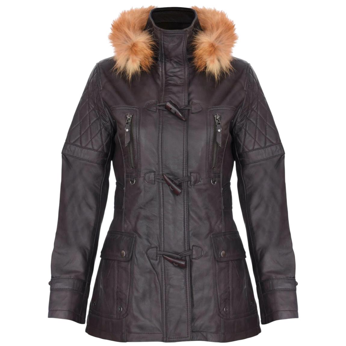 Womens Brown Quilted Leather Hooded Parka Jacket-Northampton main product photo