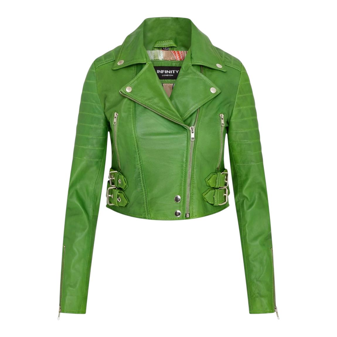 Womens Apple Green Brando Cropped Leather Jacket-Longtown main product photo