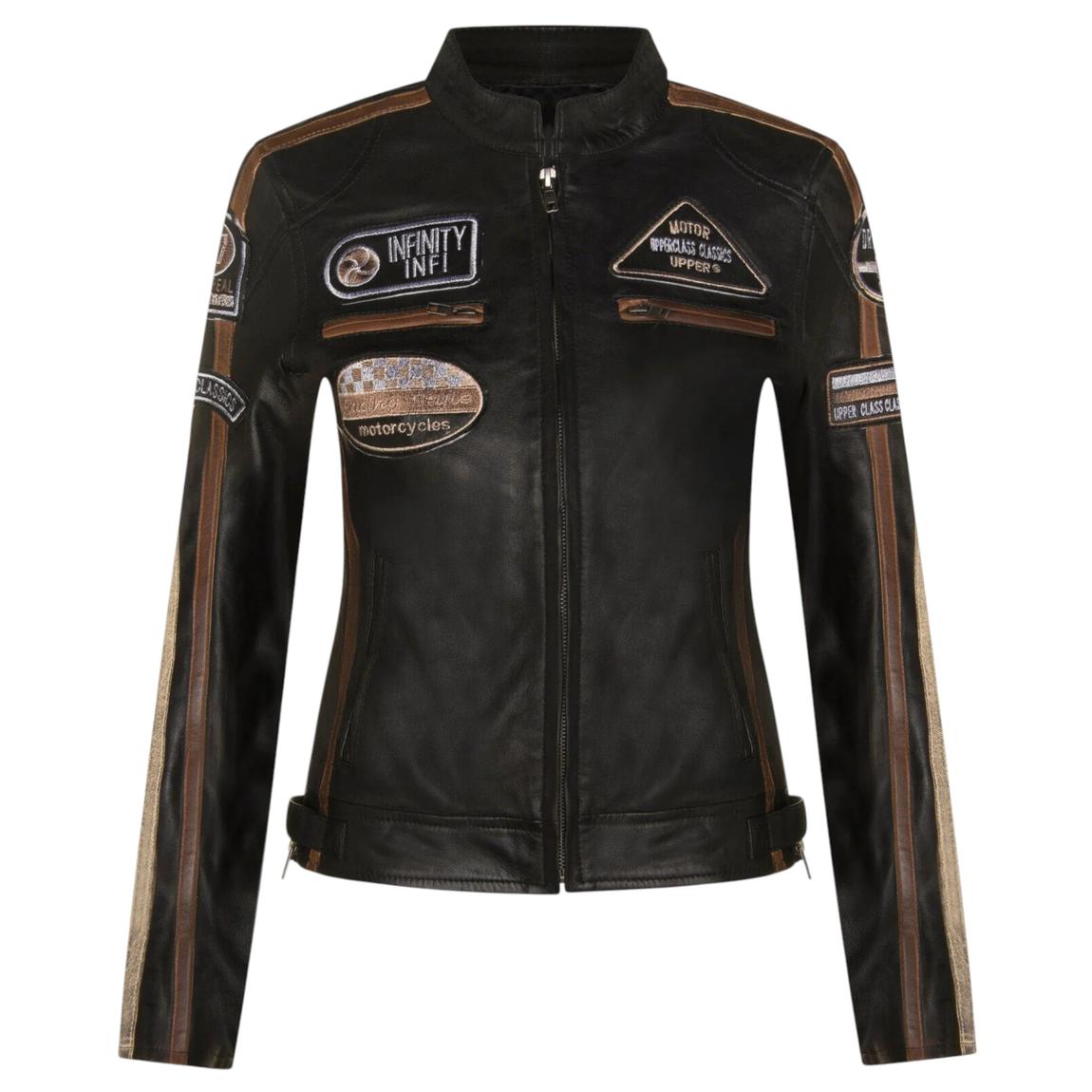Womens Black Biker Racing Badges Leather Jacket-Eastleigh main product photo
