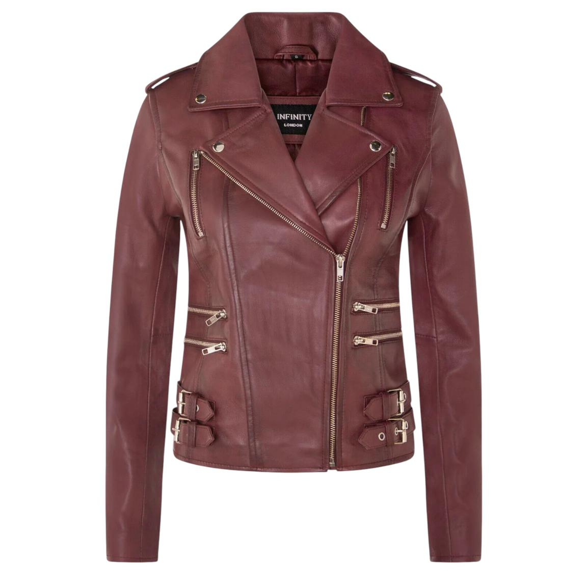 Womens Burgundy Leather Brando Biker Jacket-Loddon main product photo