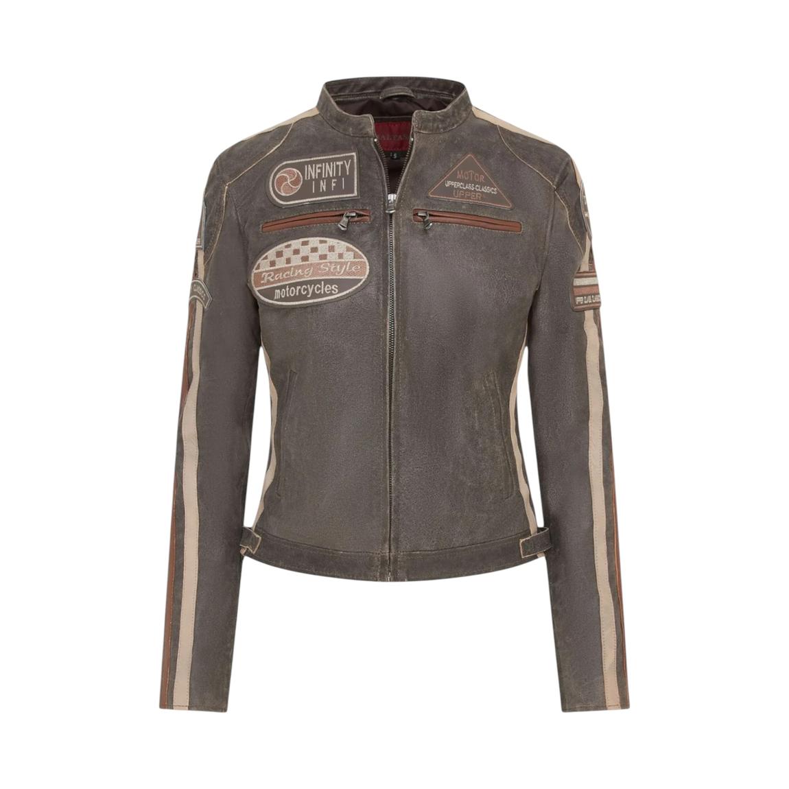 Womens Vintage Tan Brown Biker Racing Badges Leather Jacket-Eastleigh main product photo