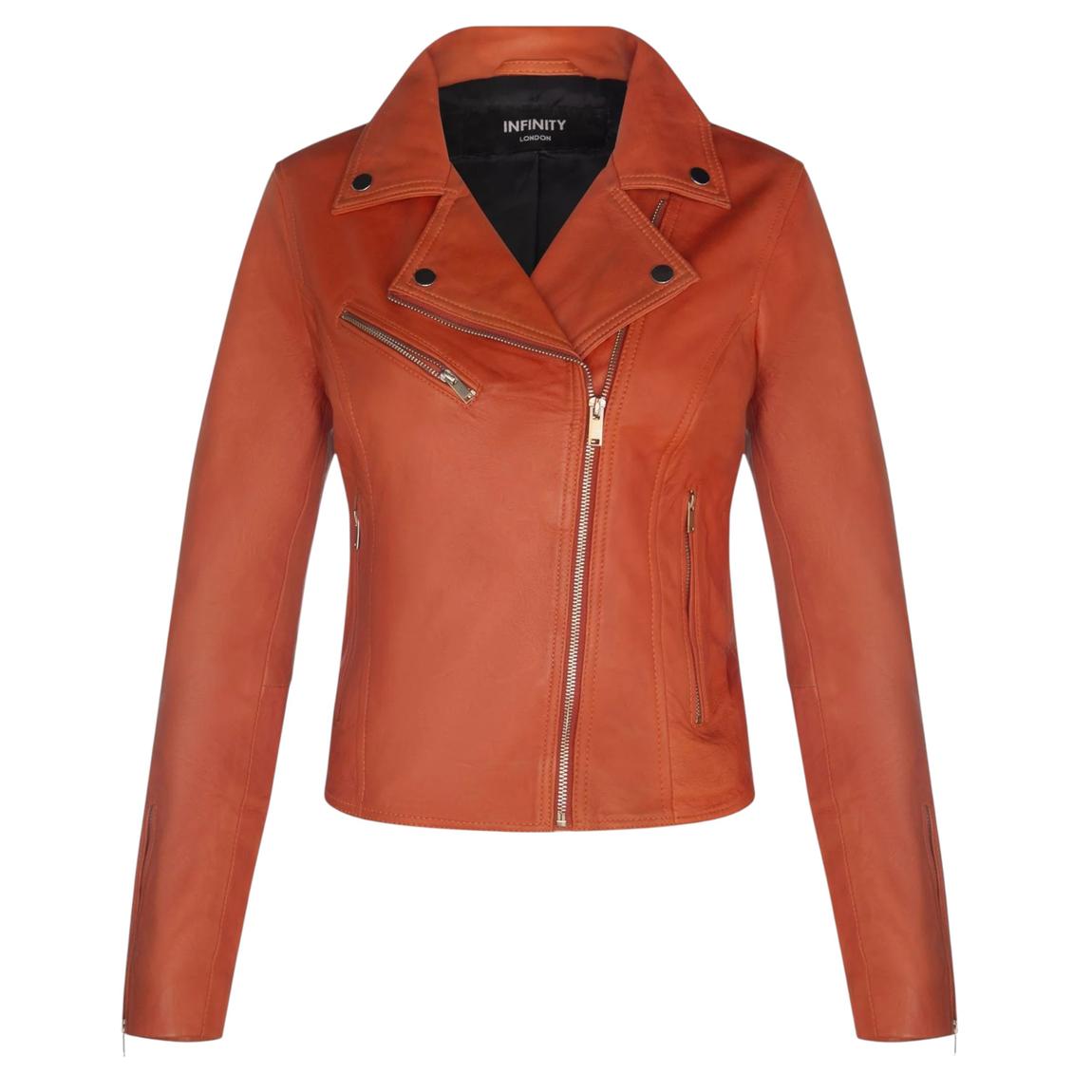 Womens Orange Classic Leather Brando Biker Jacket-Loughton main product photo