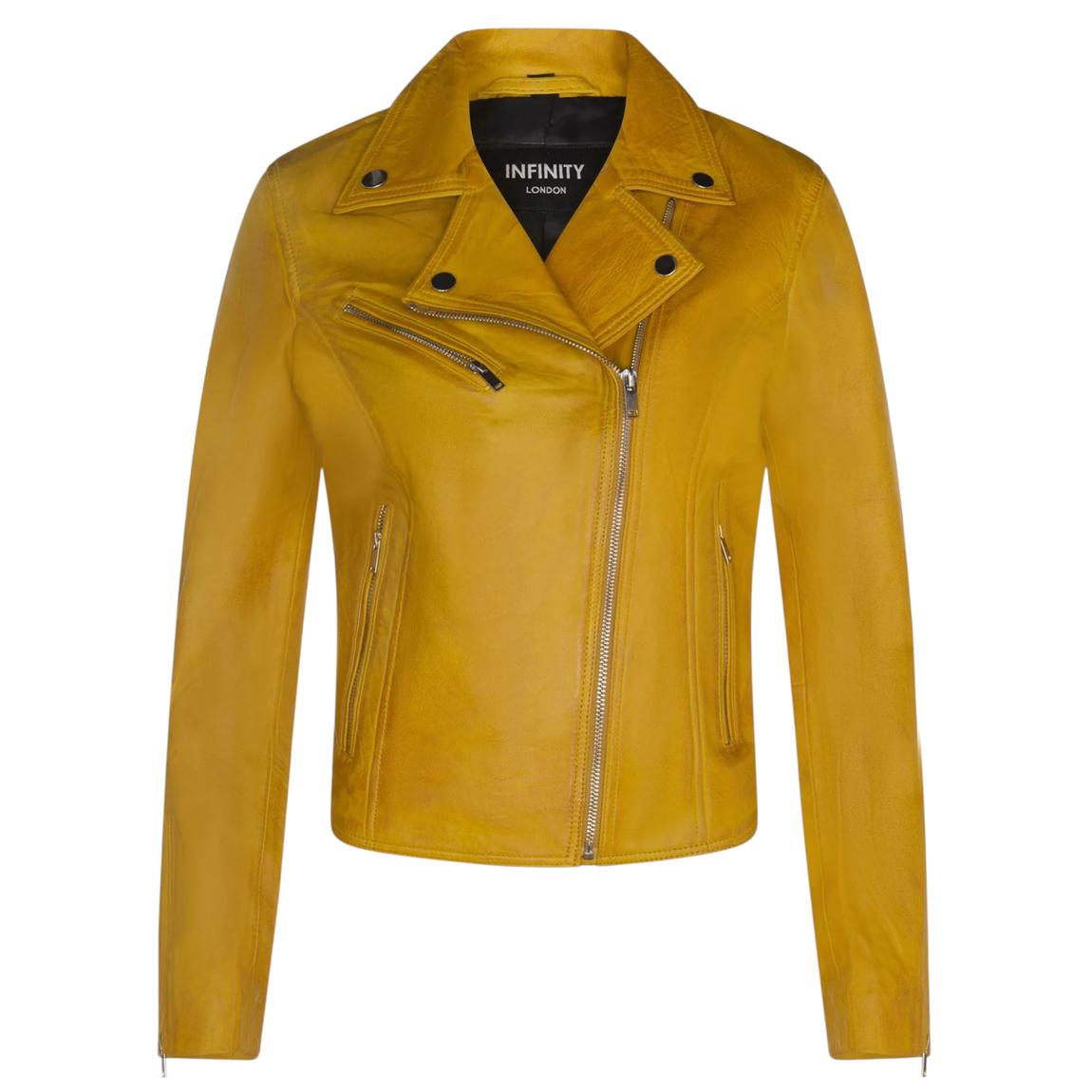 Womens Yellow Classic Leather Brando Biker Jacket-Loughton main product photo