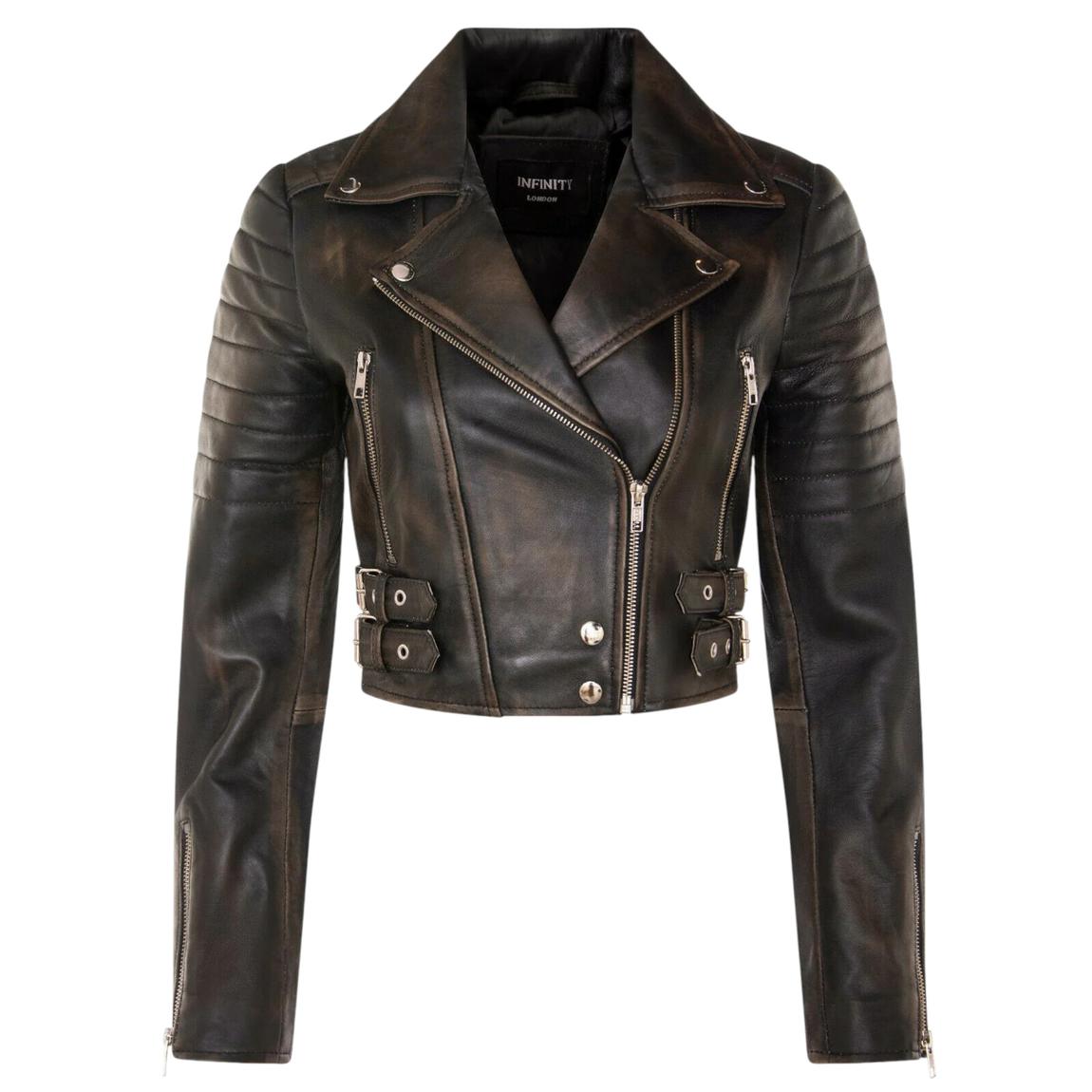Womens Vintage Black Brando Cropped Leather Jacket-Longtown main product photo