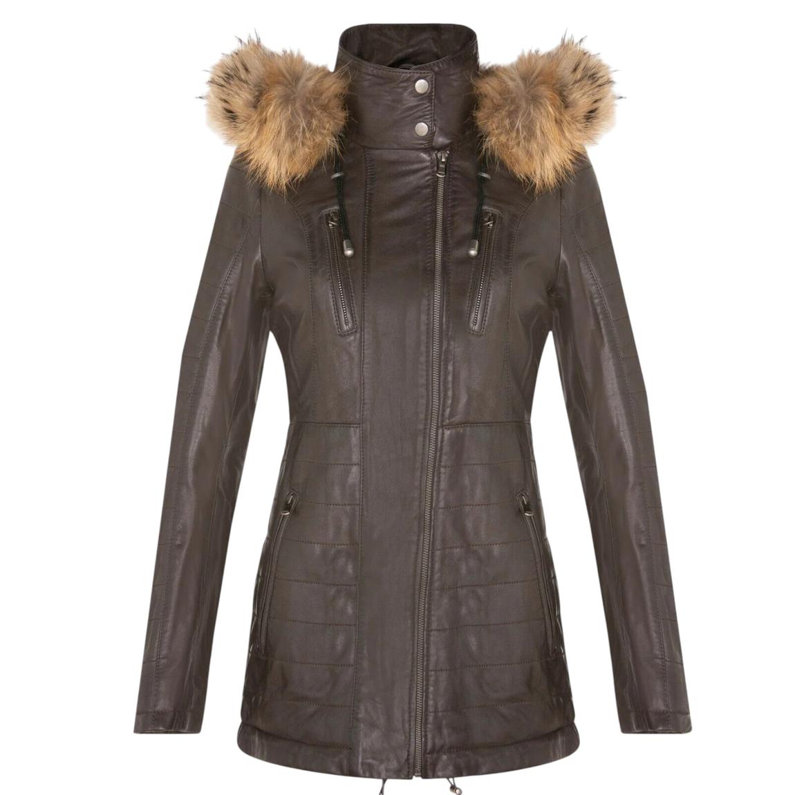 Womens Brown Slim Fit Leather Hooded Parka Jacket-Northam main product photo
