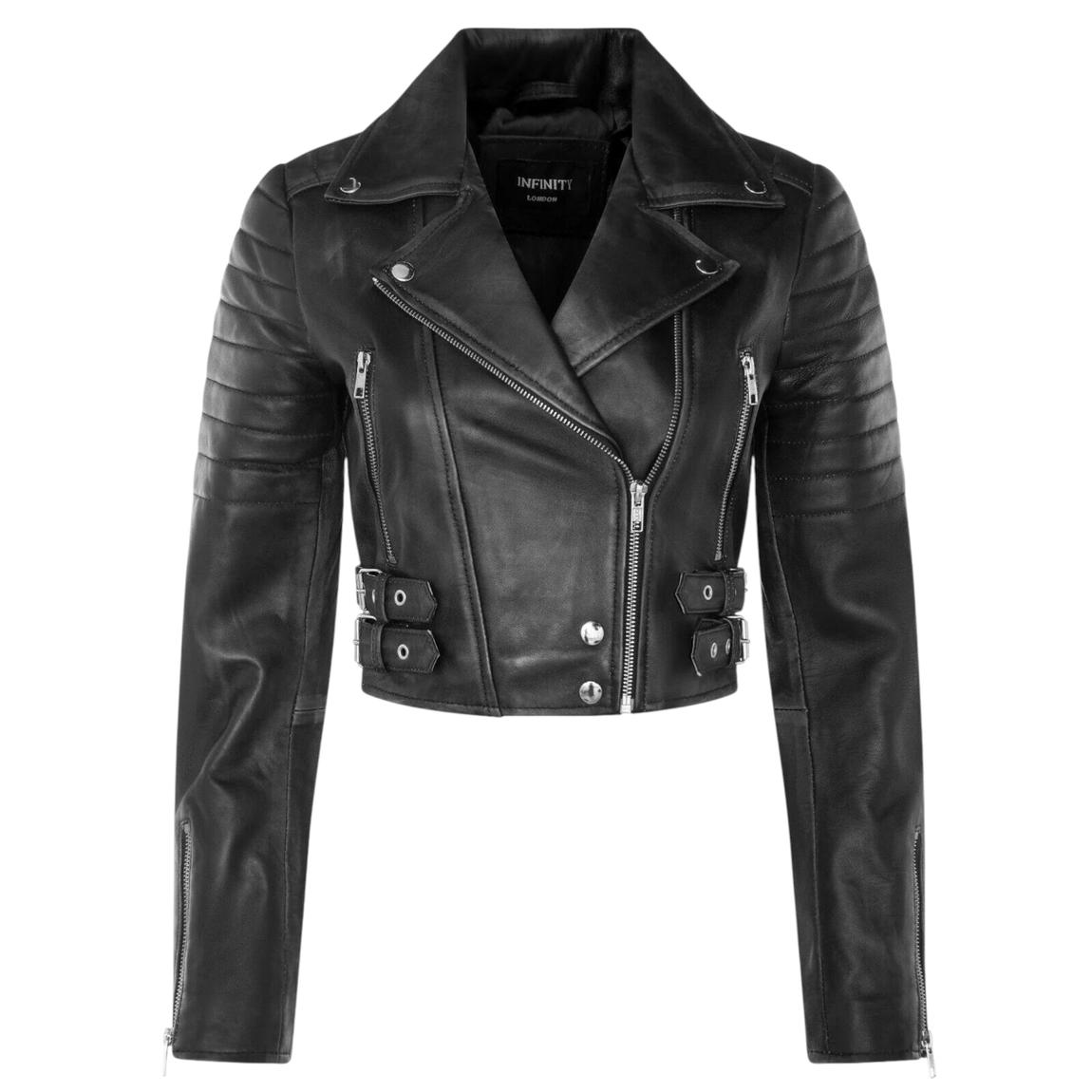 Womens Black Brando Cropped Leather Jacket-Longtown main product photo