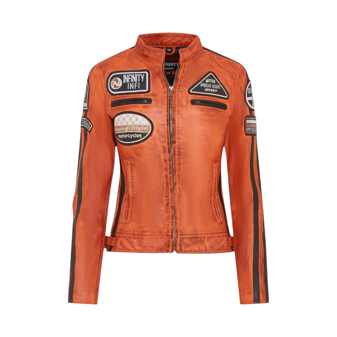 Womens Orange Biker Racing Badges Leather Jacket-Eastleigh main product photo